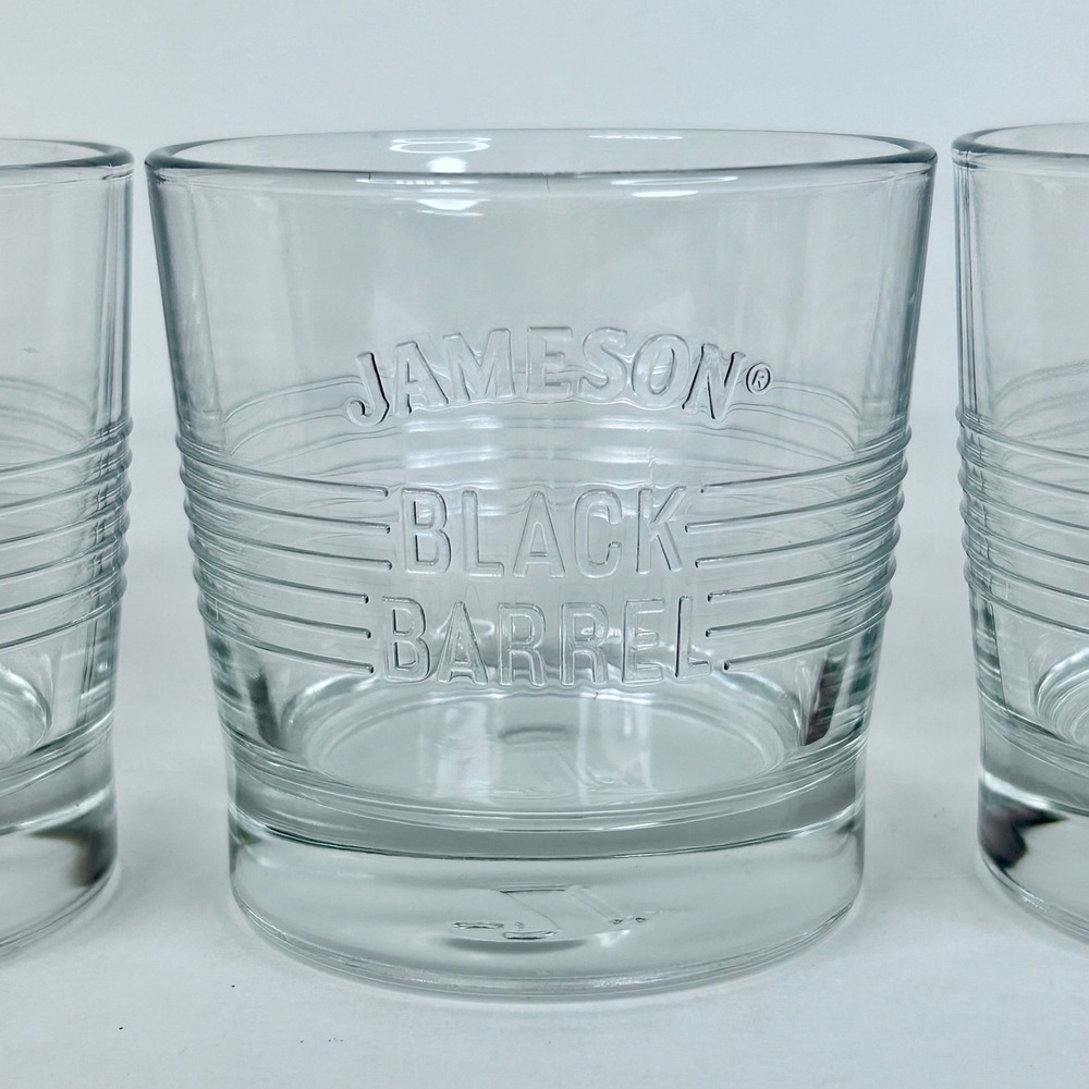 Jameson Black Barrel Whiskey Glasses Ribbed Set of 3 Embossed Rocks Glass Clear